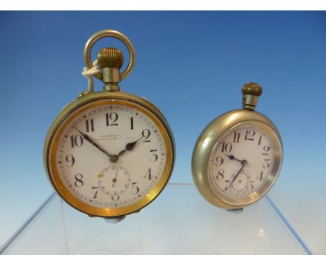 TWO NICKEL CASED OPEN FACED WATCHES, BOTH WITH ARABIC NUMERALS ON WHITE ENAMEL DIALS AND WITH SWISS MOVEMENTS, ONE RETAILED B