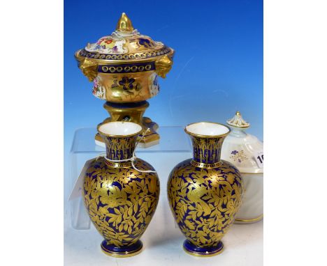 A PAIR OF CROWN DERBY GILT ON BLUE OVOID VASES. H 15cms. FOUR CROWN DERBY IMARI COFFEE CANS AND SAUCERS, AN IMARI PALETTE AND