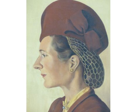 K. BROWNING (20th.C. ENGLISH SCHOOL).  ARR.  PROFILE PORTRAIT OF A LADY.  SIGNED, OIL ON CANVAS.  61 x 46cms. 