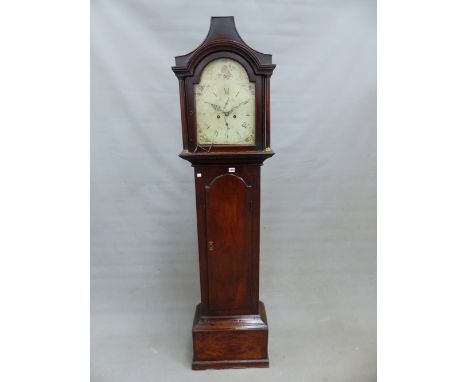 A LATE 18th C. MAHOGANY LONG CASED CLOCK BY THOMAS FARRER, SAXMUNDHAM, THE DIAL PAINTED WITH FLOWERS IN THE ARCH, SECONDS AND