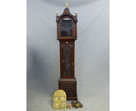 THOMAS SPARROW, ST NEOTS, A CARVED OAK LONG CASED CLOCK, THE BRASS DIAL WITH SUNBURST IN THE ARCH, THE HOOD TOP INLAID WITH A