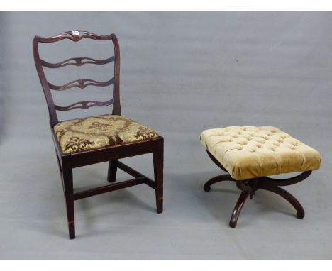 A VICTORIAN ROSEWOOD FRAMED DRESSING STOOL, TOGETHER WITH A GEORGE III MAHOGANY PIERCED LADDER BACK SIDE CHAIR (2).