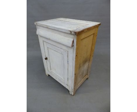 A PAINTED PINE CASED WASH BASIN WITH LIFT UP TOP, CUPBOARD BASE. W 64 x D 49 x H 87cms.