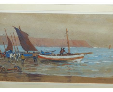 D.W. BOOTH (19th/20th.C).&nbsp; 'FISHING BOATS', SIGNED WATERCOLOUR.&nbsp; 28 x 47cms.