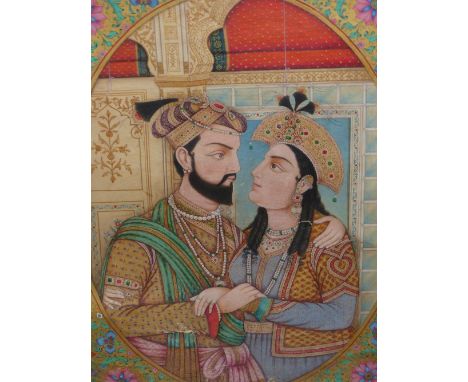 A LARGE 19th.C. INDIAN WATERCOLOUR. AN OVAL PORTRAIT OF ARISTOCRATIC LOVERS IN AN INTERIOR. ELABORATE FLORAL SURROUND. CALLIG