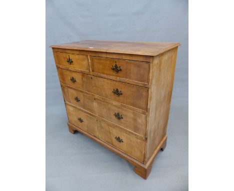 AN ANTIQUE WALNUT CHEST OF TWO SHORT DRAWERS AND THREE GRADED LONG DRAWERS ON BRACKET FEET. W 105 x D 46 x H 103cms.