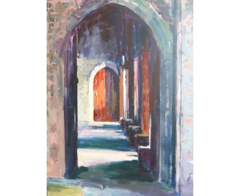 R. SHAPLEY (CONTEMPORARY SCHOOL).  ARR.  PASSAGEWAY, BROUGHTON CASTLE.  INITIALLED AND DATED 2007, OIL ON BOARD.  118 x 88cms
