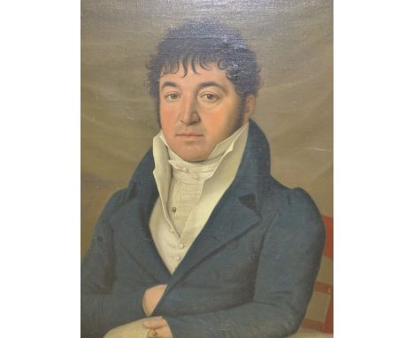 EARLY 19th.C. GERMAN SCHOOL.  PORTRAIT OF A GENTLEMAN HOLDING A DOCUMENT, POSSIBLY SIGNED ON THE PAPERS AT LOWER RIGHT.  OIL 