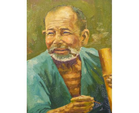 EARLY 20th.C. SOUTH EAST ASIAN SCHOOL.  PORTRAIT OF AN ARTISAN.  OIL ON CANVAS, SIGNED INDISTINCTLY.  51 x 41cms.
