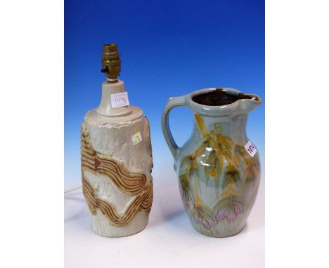 A DAVID EELES BALUSTER JUG, THE GREEN GROUND DECORATED WITH PURPLE FLOWERS PENDANT FROM THEIR STEMS. H 24.5cms. TOGETHER WITH