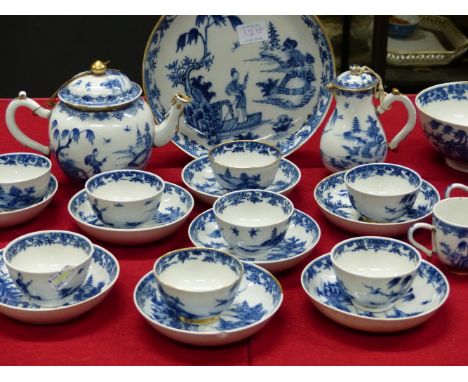 AN 18th/19th C. CHINESE BLUE AND WHITE PART TEA AND COFFEE SERVICE PAINTED WITH A LADY PUNTING HER BOAT UNDER AN ISLAND WILLO