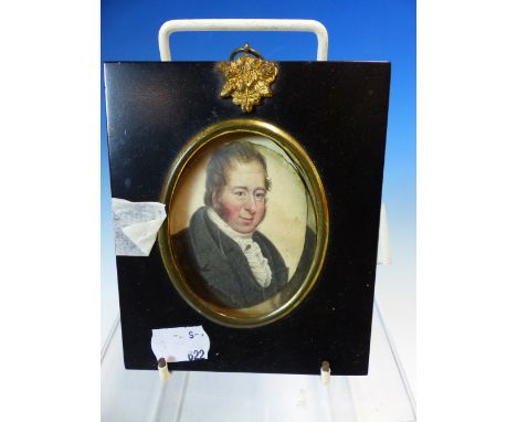19th.C. OVAL MINIATURE WATERCOLOUR OF A WINGED PUTTO.  3.5 x 5cms.  TOGETHER WITH ANOTHER MINIATURE PORTRAIT PRINT MOUNTED IN