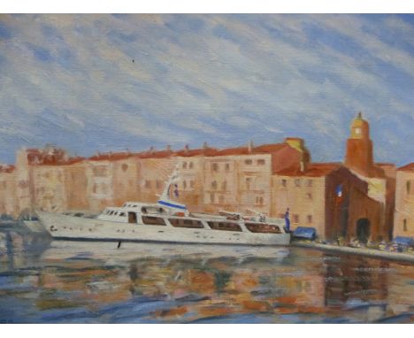   MELLOR.  PORTRAIT OF THE MOTOR YACHT 'RAMPAGER', MOORED IN SAINT TROPEZ.  OIL ON CANVAS.  SIGNED AND DATED 1992.  41 x 52cm