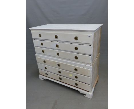 AN EARLY 19th.C. CONTINENTAL PAINTED PINE TWO PART CHEST OF SIX LONG DRAWERS WITH RING HANDLES ON SHAPED BRACKET FEET. 119 x 