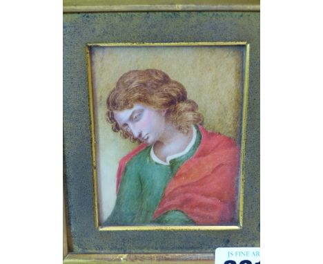 A PORTRAIT MINIATURE OF A MAN WITH LONG BROWN HAIR LOOKING DOWNWARDS, A RED CLOAK OVER HIS GREEN SHIRT.   9 x 7cms. WITHIN GI