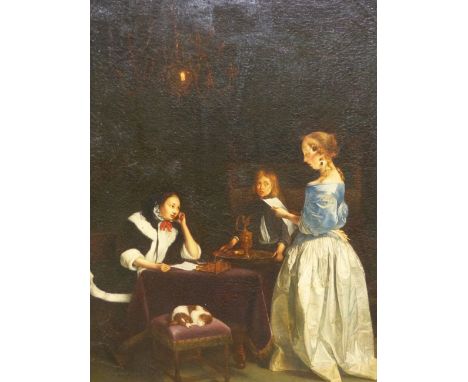 OLD MASTER SCHOOL.  READING THE LETTERS.  OIL ON CANVAS.  66 x 56cms. 