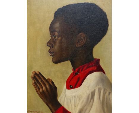 K. BROWNING (20th.C. ENGLISH SCHOOL).  ARR.  PORTRAIT OF A WEST INDIAN BOY.  SIGNED, OIL ON BOARD, INSCRIBED VERSO.  50 x 43.