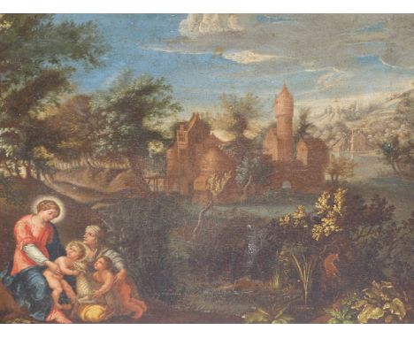 OLD MASTER SCHOOL.  THE MADONNA AND CHILD IN A CONTINENTAL LANDSCAPE.  OIL ON CANVAS.  33.5 x 44cms.