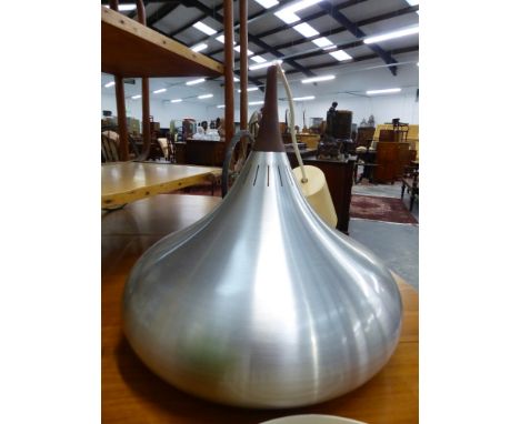 A MID CENTURY ONION FORM ALUMINIUM AND TEAK HANGING LIGHT FITTING TOGETHER WITH TWO FURTHER LAMPS