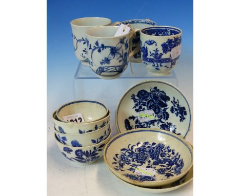 18th C. WORCESTER AND OTHER BLUE AND WHITE TEA AND COFFEE WARES, COMPRISING: FOUR VARIOUS COFFEE CUPS AND TEA BOWLS AND THREE