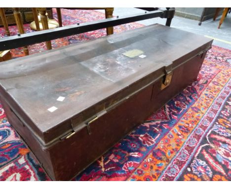 A BLACK METAL UNIFORM TRUNK BRASS LABELLED FOR VISCOUNT CARLTON 2ND LIFE GUARDS. W 110 x D 42.5 x H 29cms.