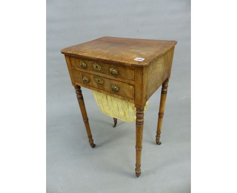 A REGENCY MAHOGANY AND ROSEWOOD CROSS BANDED SEWING TABLE WITH TWO SHALLOW DRAWERS OVER SLIDE OUT WOOL BAG, STANDING ON  RING