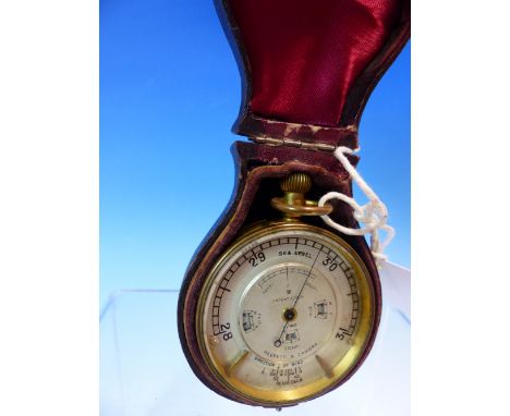 A LEATHER CASED NEGRETTI AND ZAMBRA POCKET BAROMETER WITH ADJUSTMENTS FOR HEIGHT ABOVE SEA LEVEL, DIRECTION OF THE WIND AND T