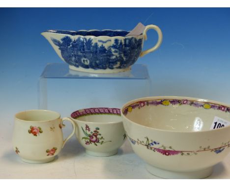 FOUR 18th/19th C. ENGLISH PORCELAINS, A DERBY CUSTARD CUP, NEW HALL TYPE TEA AND SLOP BOWLS TOGETHER WITH A BLUE AND WHITE SA