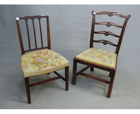 AN 18th C. MAHOGANY DINING CHAIR WITH FOUR PIERCED AND CARVED RUNG LADDER BACK TOGETHER WITH A MAHOGANY CHAIR WITH THREE REED