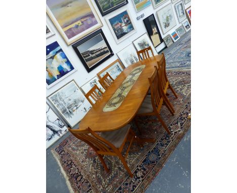 A FARSTRUP TILE INSET TEAK DINING TABLE AND SIX CHAIRS WITH MUSHROOM COLOURED CORDUROY SEATS, ONE OF THE ABSTRACT DESIGNED TI