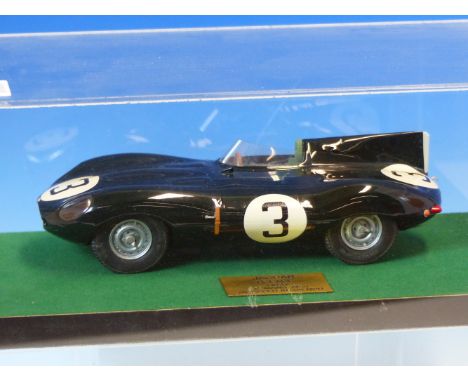 A SCALE MODEL D-TYPE JAGUAR FIRST IN THE 1955 LE MANS, THE CAR WITH RACE NUMBER 3 AND WITHIN PERSPEX CASE.   W 28.5cms.