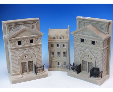 A PAIR OF 1996 TIMOTHY RICHARDS NATIONAL PORTRAIT GALLERY FACADE BOOK ENDS.   H 22.5cms. TOGETHER WITH THREE SETS OF SIX LEAT