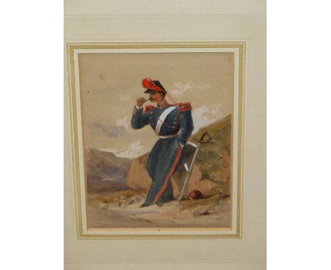 ROBERT TAYLOR PRITCHETT (1829-1907).  PORTRAIT OF A BELGIAN INFANTRY OFFICER.  WATERCOLOUR, GALLERY LABEL VERSO.  16 x 11.5cm