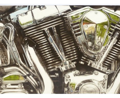 STEVE GATHERCOLE.&nbsp; ARR.&nbsp; A FINE AND RARE HYPER REALIST STUDY "HARLEY STREET BIKE ENGINE" - WATERCOLOUR AND ACRYLIC 