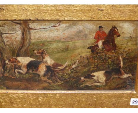 LATE 19th.C. ENGLISH SCHOOL.  A PAIR OF HUNTING SCENES.  OIL ON BOARD, FRAMED AS ONE.  22 x 41cms.