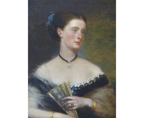 R. BUCKNER (1812-1883).  PORTRAIT OF AN ELEGANT LADY HOLDING A FAN.  SIGNED, OIL ON CANVAS.  92 x 71cms. 