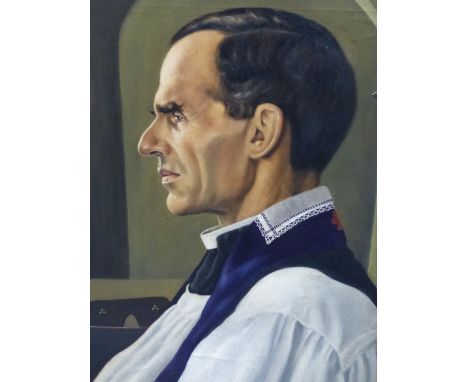 K. BROWNING (20th.C. ENGLISH SCHOOL).  ARR.  PORTRAIT OF A CLERGYMAN.  SIGNED, OIL ON CANVAS.  61 x 51cms.