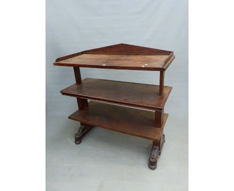 A 19th C. MAHOGANY THREE TIER BUFFET RISING ON PILASTERS ON EACH NARROW SIDE, THE TOP WITH THREE QUARTER GALLERY, PAIRS OF SC