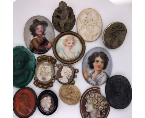 A GROUP OF ANTIQUE AND LATER DEEP RELIEF CARVED LAVA SHELL AND AGATE CAMEOS, TWO PORCELAIN HAND PAINTED PANELS, A MINIATURE W