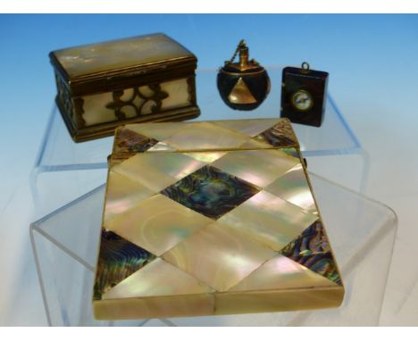 A VINTAGE MOTHER OF PEARL CARD CASE AND SNUFF BOX, A RED MOTTLED STONE BOOK FORM PENDANT INSET WITH A COMPASS TOGETHER WITH A