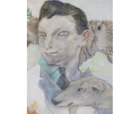 MIGUEL PENA (b. 1951).  ARR.  PORTRAIT OF A MAN WITH ANIMALS.  MIXED MEDIA,  SIGNED AND DATED 1977.  50 x 40cms. 