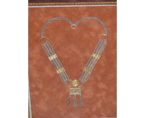 THREE FRAMES OF EASTERN TRIBAL JEWELLRY COMPRISING TWO WHITE METAL NECKLACES ONE HAVING CORAL, TURQUOISE AND LAPIS BEADS, TOG