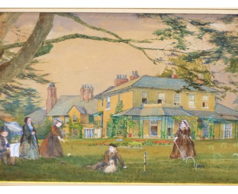 19th.C. ENGLISH SCHOOL.   CROQUET ON THE LAWN.  WATERCOLOUR, SHAPED MOUNT.  21 x 51cms. 