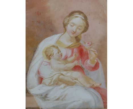 OLD MASTER SCHOOL.   MADONNA AND CHILD.  PAINTING ON GLASS, EBONISED AND GILTWOOD CARVED FRAME.  27 x 21cms. 