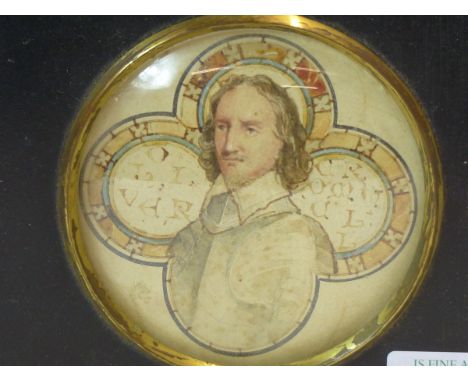 A WATERCOLOUR PORTRAIT MINIATURE OF OLIVER CROMWELL IN ARMOUR DEPICTED IN A QUATREFOIL, THE ROUNDELS FLANKING HIS SHOULDERS B