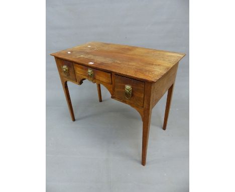 A 19th.C. MAHOGANY SIDE TABLE, THE RECTANGULAR TOP ABOVE THREE EBONY LINE EDGED DRAWERS WITH BRASS TIGRESS HEAD AND RING HAND