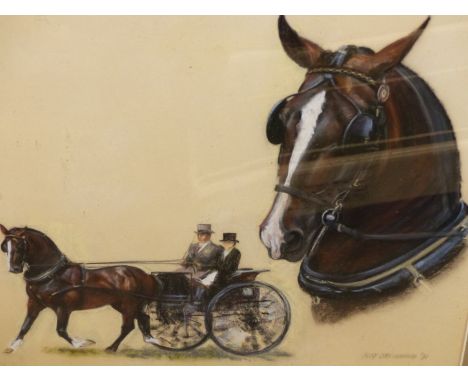 MARY BROWNING (20th/21st.C.).   ARR.  TWO EQUESTRIAN SCENES, A DRESSAGE RIDER AND A HORSE PORTRAIT WITH A CARRIAGE.  BOTH PAS