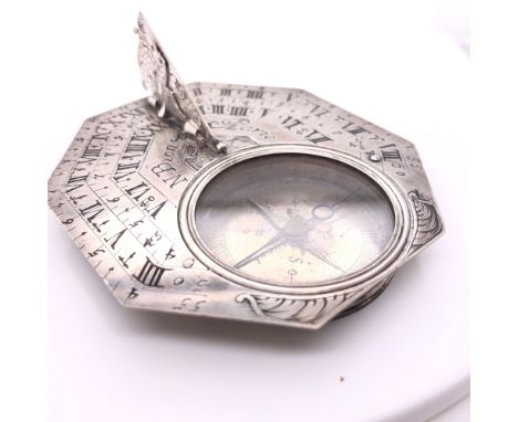 A RARE EARLY 18TH CENTURY SILVER BUTTERFIELD TYPE COMPASS SUNDIAL SIGNED N. BION PARIS , FOLDING BIRD GNOMON, EIGHT POINT COM