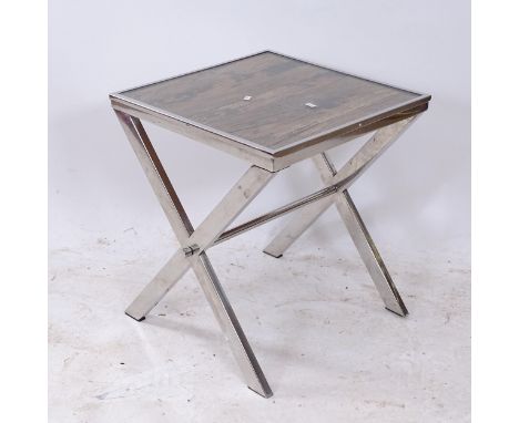 A chromed framed glass-top lamp table, on egg-shaped base, W46cm, H52cm 