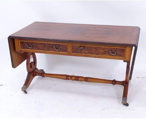 A reproduction ebony-strung yew wood sofa table, L96cm, H53cm, D51cm 